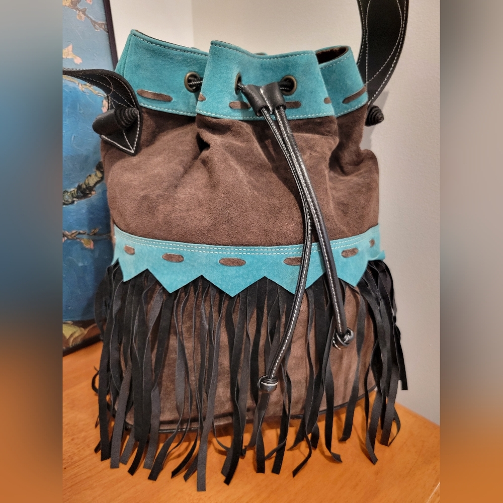 Leather bucket shoulder bag fringe vintage but never used teal & brown purse - Picture 3 of 12